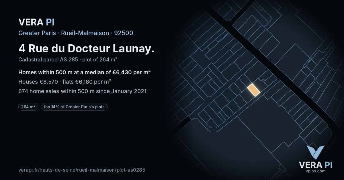 4 Rue du Docteur Launay, Rueil-Malmaison at night – the plot lit, the parcels around coloured by the prices near them