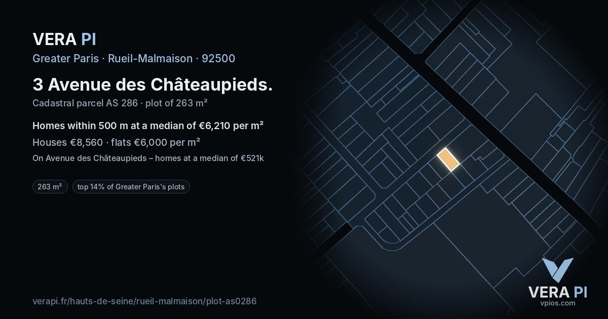 3 Avenue des Châteaupieds, Rueil-Malmaison at night – the plot lit, the parcels around coloured by the prices near them