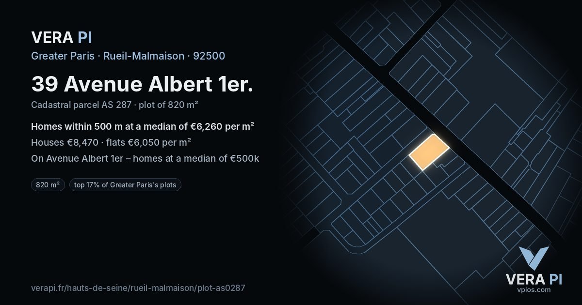 39 Avenue Albert 1er, Rueil-Malmaison at night – the plot lit, the parcels around coloured by the prices near them