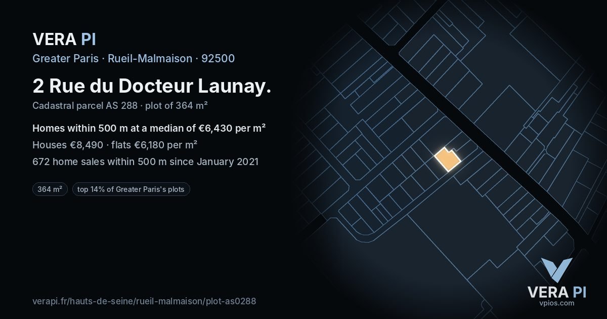 2 Rue du Docteur Launay, Rueil-Malmaison at night – the plot lit, the parcels around coloured by the prices near them