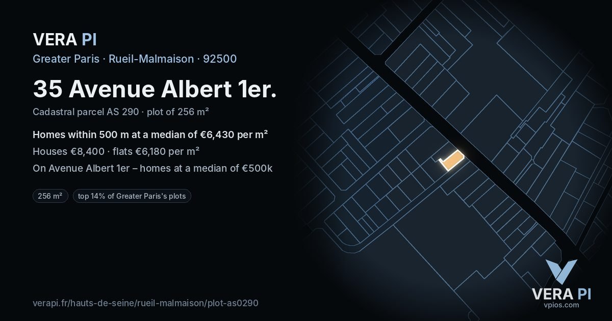 35 Avenue Albert 1er, Rueil-Malmaison at night – the plot lit, the parcels around coloured by the prices near them