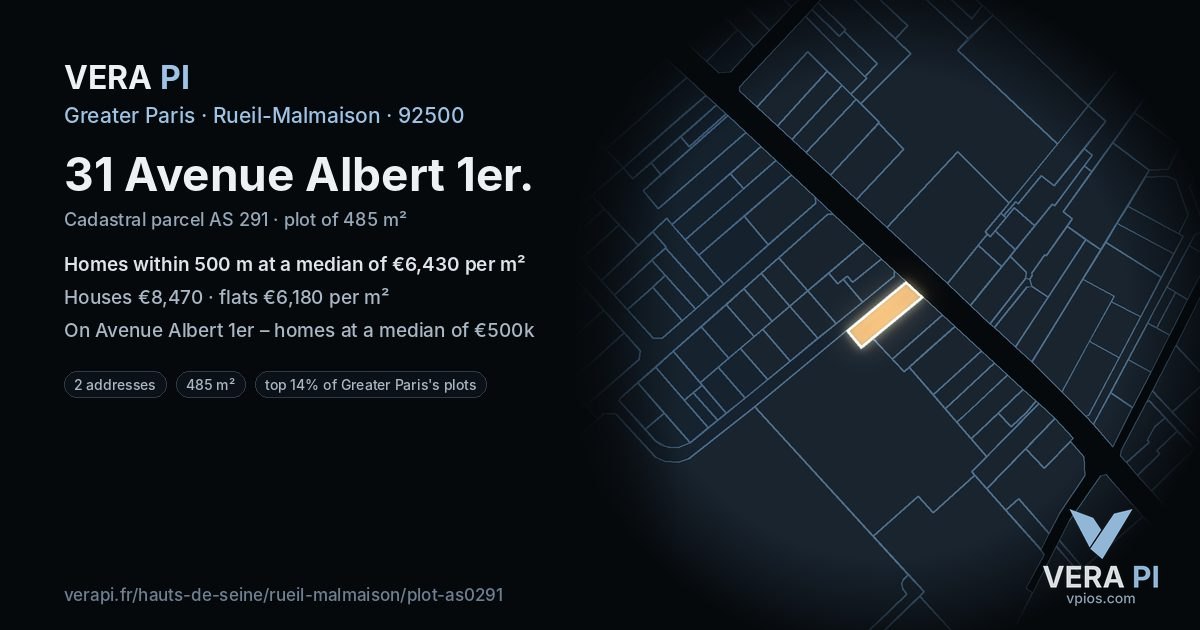 31 Avenue Albert 1er, Rueil-Malmaison at night – the plot lit, the parcels around coloured by the prices near them