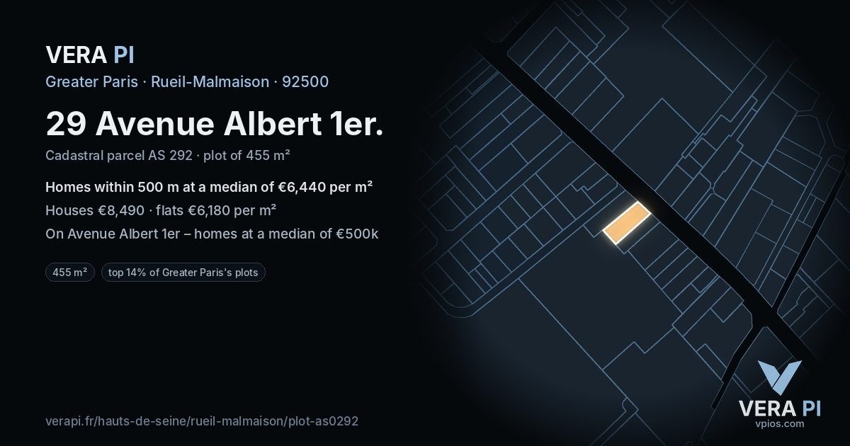 29 Avenue Albert 1er, Rueil-Malmaison at night – the plot lit, the parcels around coloured by the prices near them