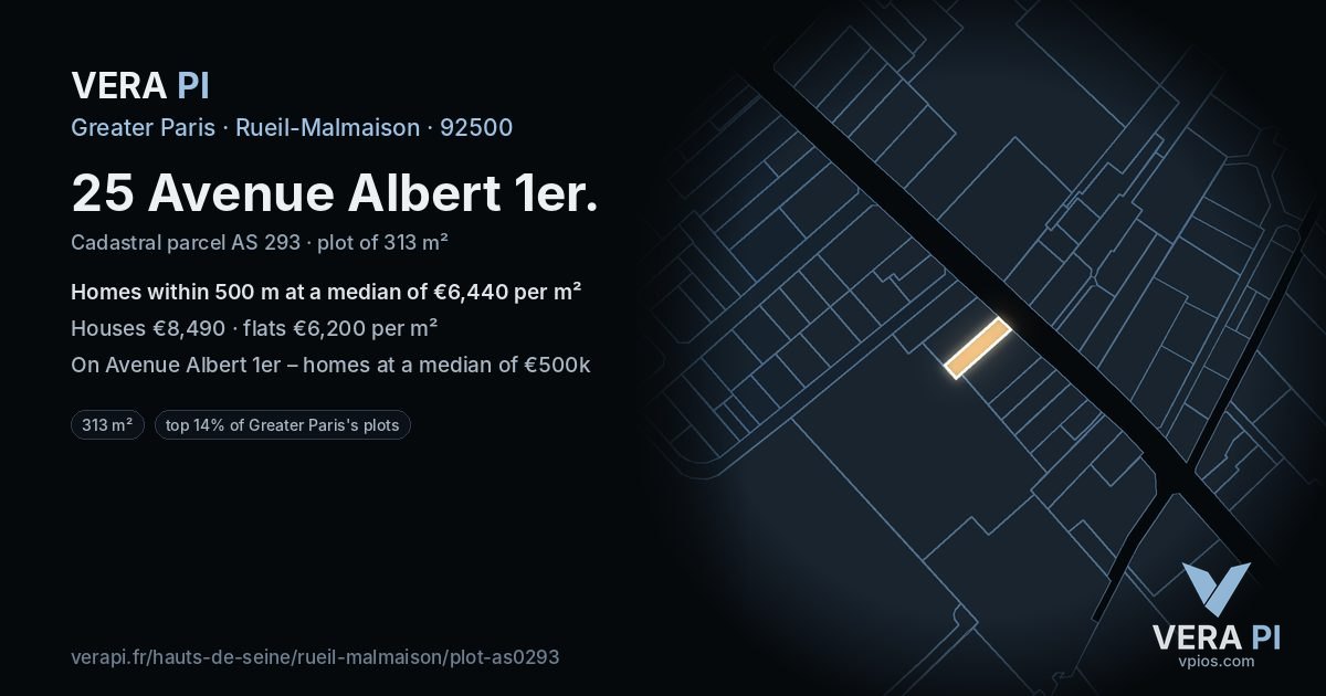 25 Avenue Albert 1er, Rueil-Malmaison at night – the plot lit, the parcels around coloured by the prices near them