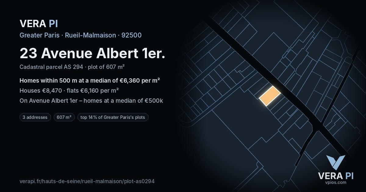 23 Avenue Albert 1er, Rueil-Malmaison at night – the plot lit, the parcels around coloured by the prices near them