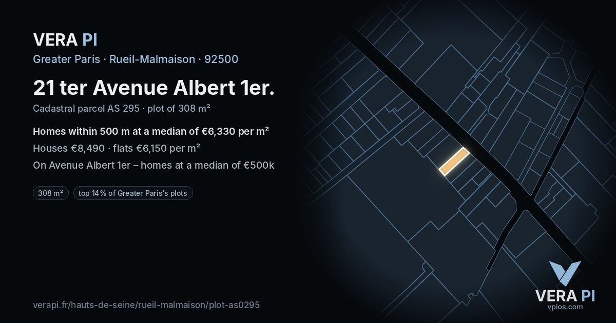 21 ter Avenue Albert 1er, Rueil-Malmaison at night – the plot lit, the parcels around coloured by the prices near them