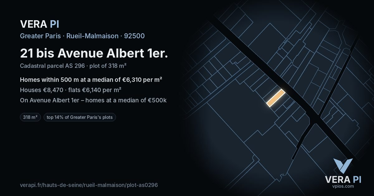 21 bis Avenue Albert 1er, Rueil-Malmaison at night – the plot lit, the parcels around coloured by the prices near them
