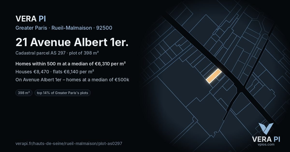 21 Avenue Albert 1er, Rueil-Malmaison at night – the plot lit, the parcels around coloured by the prices near them