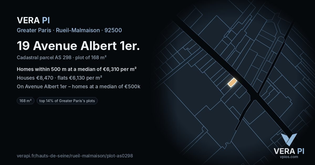19 Avenue Albert 1er, Rueil-Malmaison at night – the plot lit, the parcels around coloured by the prices near them
