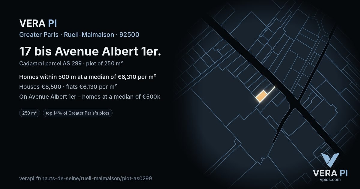 17 bis Avenue Albert 1er, Rueil-Malmaison at night – the plot lit, the parcels around coloured by the prices near them