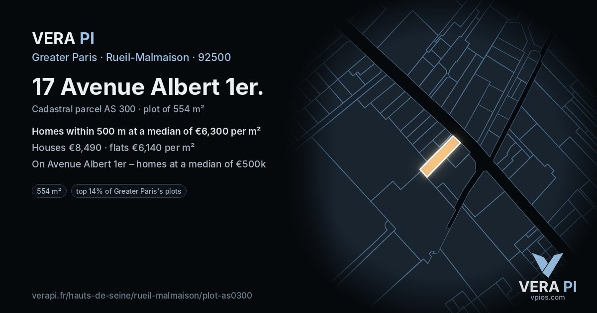 17 Avenue Albert 1er, Rueil-Malmaison at night – the plot lit, the parcels around coloured by the prices near them