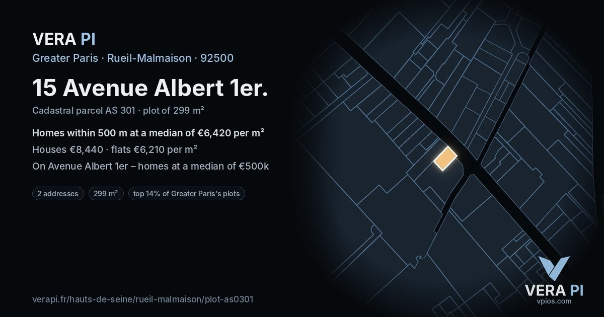 15 Avenue Albert 1er, Rueil-Malmaison at night – the plot lit, the parcels around coloured by the prices near them
