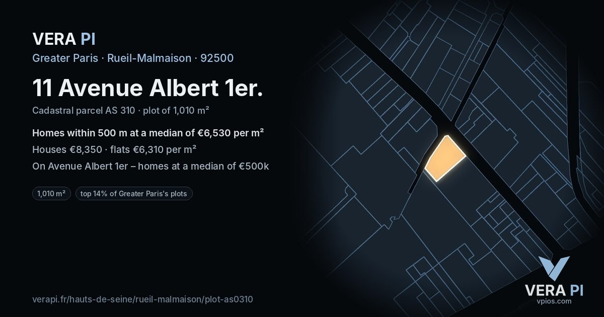 11 Avenue Albert 1er, Rueil-Malmaison at night – the plot lit, the parcels around coloured by the prices near them