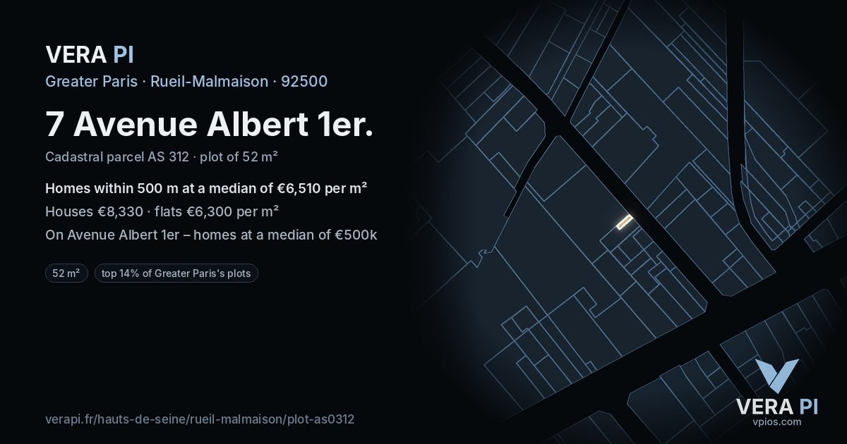 7 Avenue Albert 1er, Rueil-Malmaison at night – the plot lit, the parcels around coloured by the prices near them