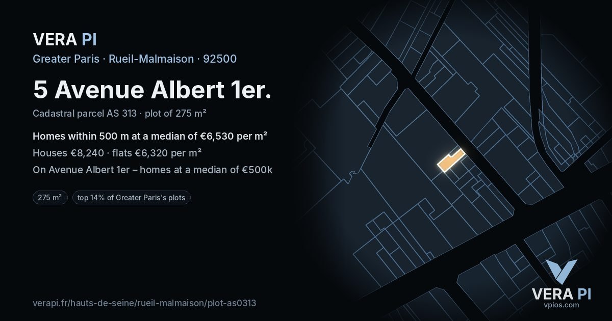 5 Avenue Albert 1er, Rueil-Malmaison at night – the plot lit, the parcels around coloured by the prices near them