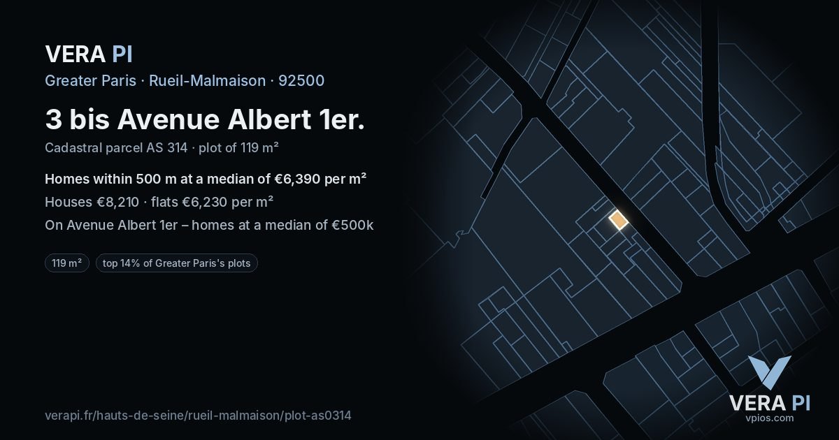 3 bis Avenue Albert 1er, Rueil-Malmaison at night – the plot lit, the parcels around coloured by the prices near them