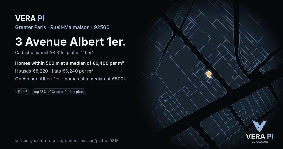 3 Avenue Albert 1er, Rueil-Malmaison at night – the plot lit, the parcels around coloured by the prices near them