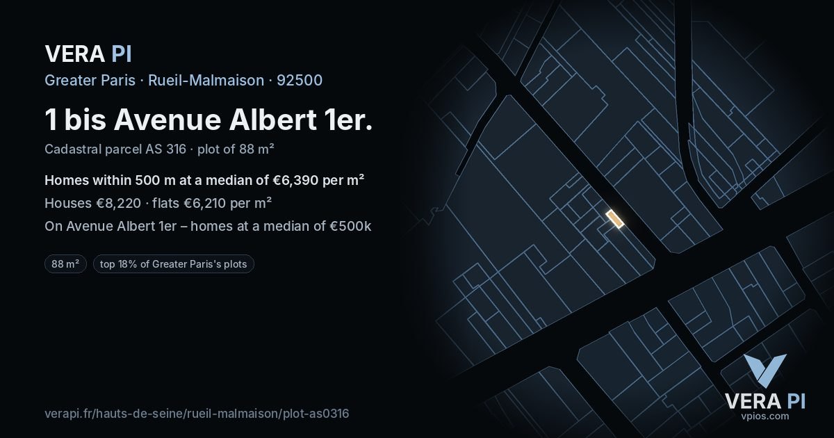 1 bis Avenue Albert 1er, Rueil-Malmaison at night – the plot lit, the parcels around coloured by the prices near them
