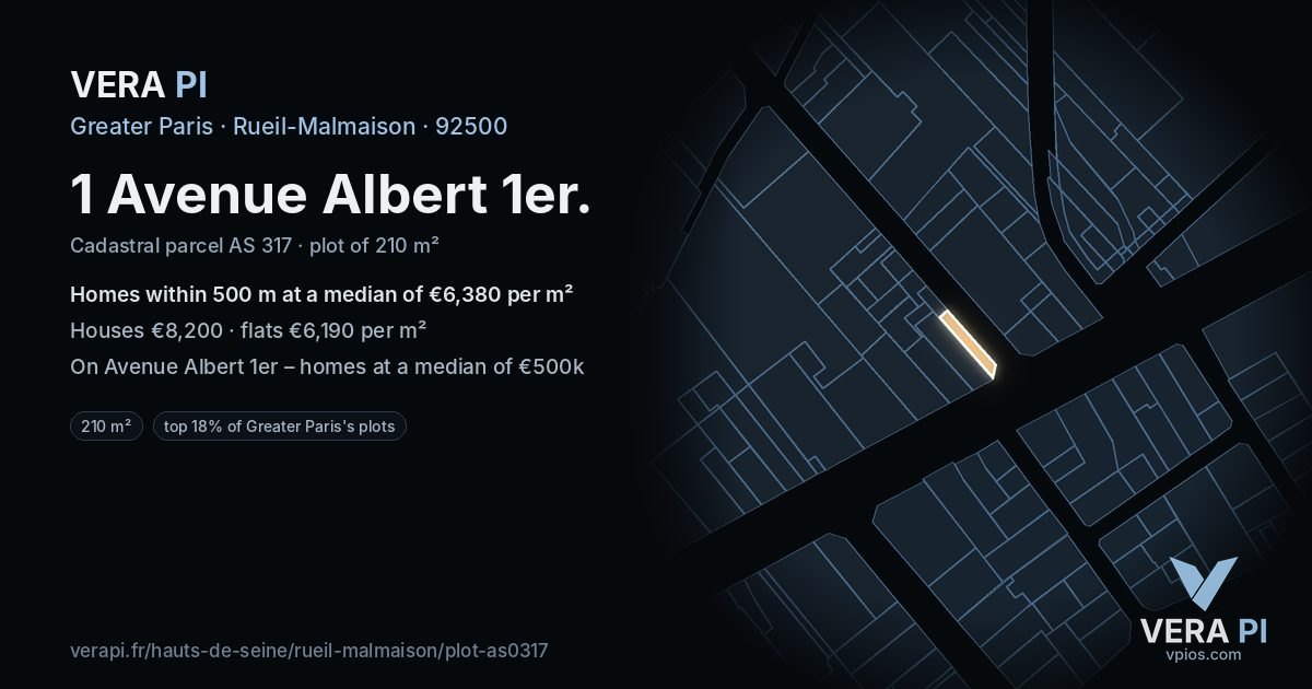 1 Avenue Albert 1er, Rueil-Malmaison at night – the plot lit, the parcels around coloured by the prices near them