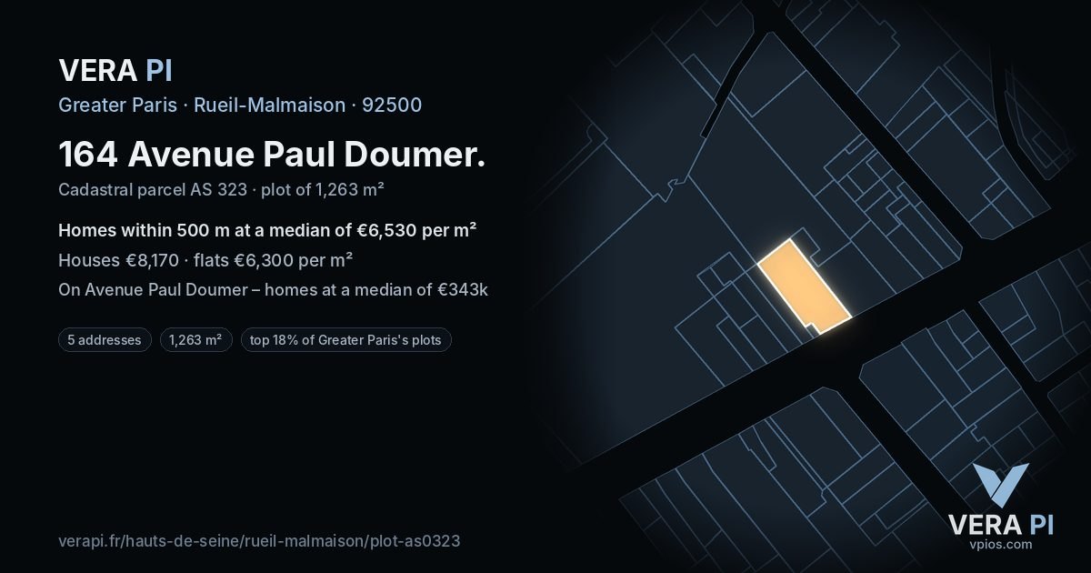 164 Avenue Paul Doumer, Rueil-Malmaison at night – the plot lit, the parcels around coloured by the prices near them