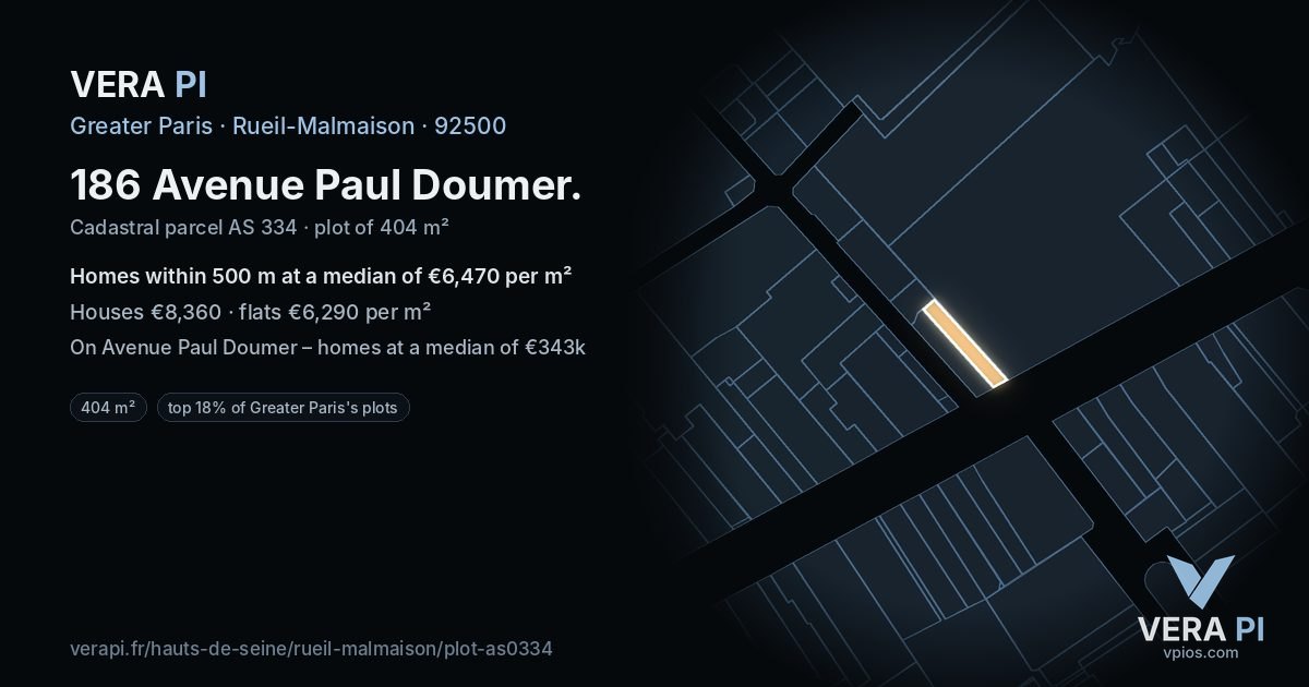 186 Avenue Paul Doumer, Rueil-Malmaison at night – the plot lit, the parcels around coloured by the prices near them