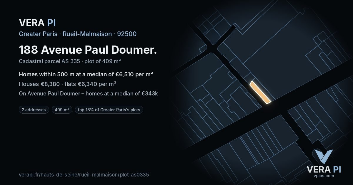 188 Avenue Paul Doumer, Rueil-Malmaison at night – the plot lit, the parcels around coloured by the prices near them