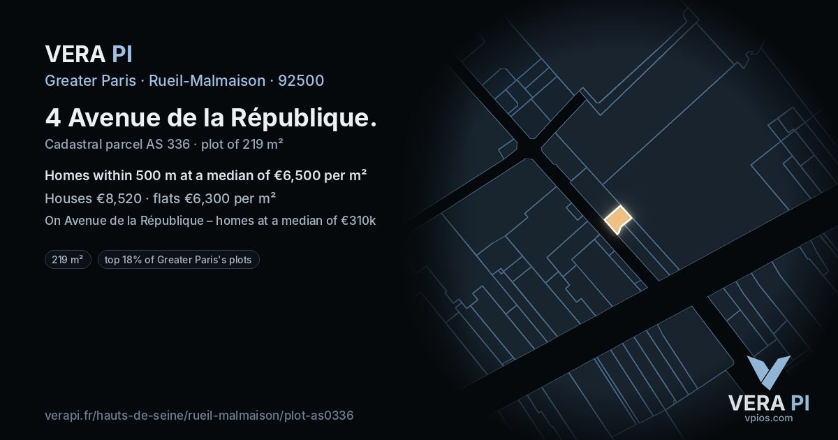4 Avenue de la République, Rueil-Malmaison at night – the plot lit, the parcels around coloured by the prices near them
