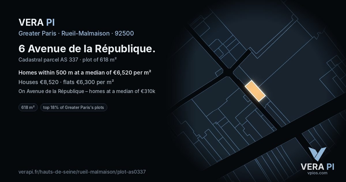6 Avenue de la République, Rueil-Malmaison at night – the plot lit, the parcels around coloured by the prices near them