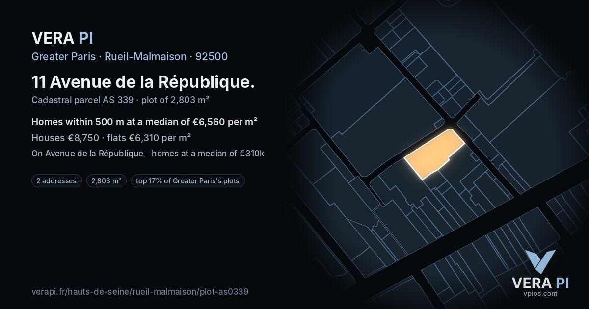 11 Avenue de la République, Rueil-Malmaison at night – the plot lit, the parcels around coloured by the prices near them