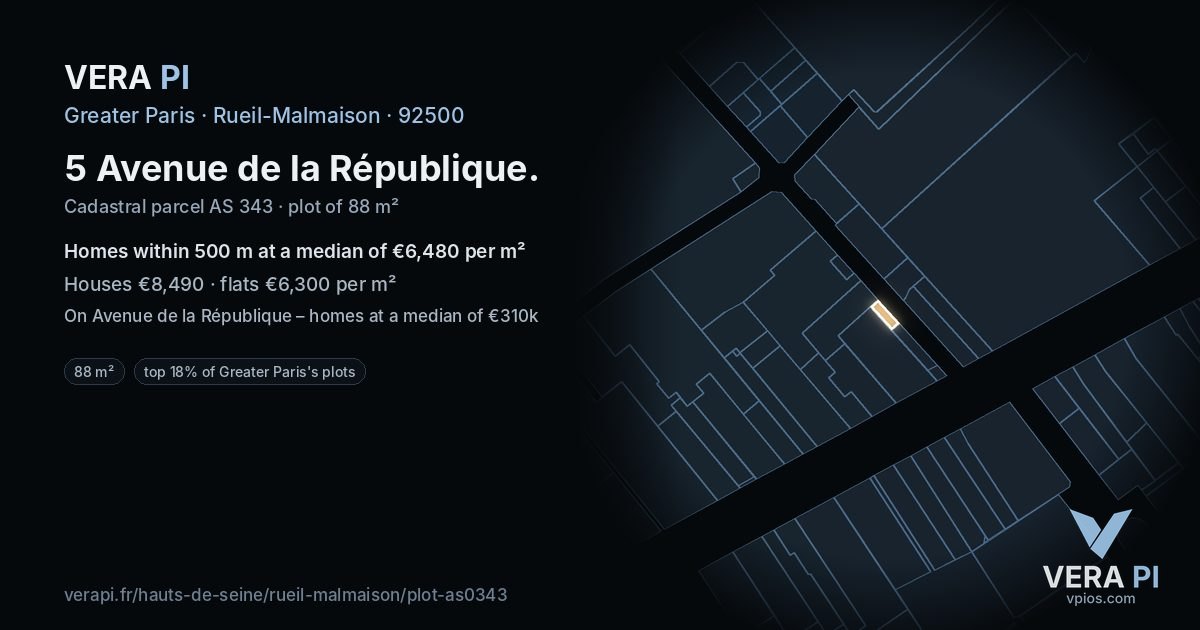 5 Avenue de la République, Rueil-Malmaison at night – the plot lit, the parcels around coloured by the prices near them