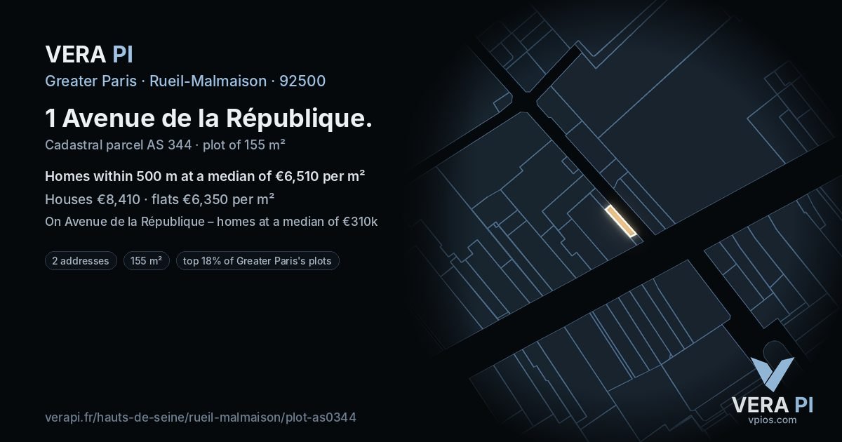 1 Avenue de la République, Rueil-Malmaison at night – the plot lit, the parcels around coloured by the prices near them