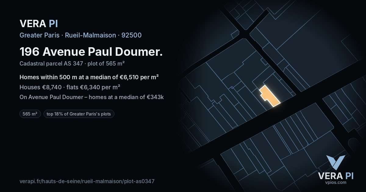 196 Avenue Paul Doumer, Rueil-Malmaison at night – the plot lit, the parcels around coloured by the prices near them