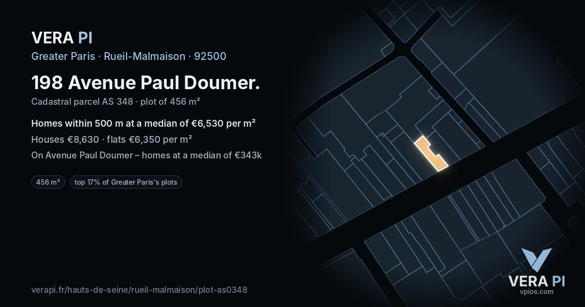 198 Avenue Paul Doumer, Rueil-Malmaison at night – the plot lit, the parcels around coloured by the prices near them