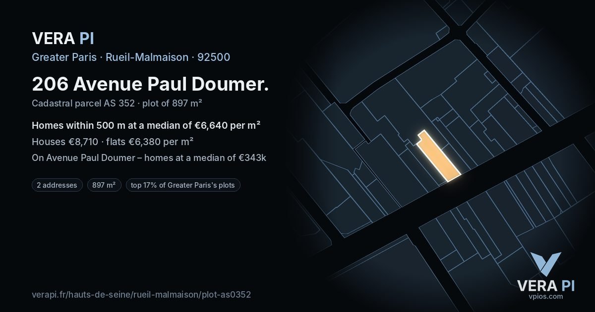 206 Avenue Paul Doumer, Rueil-Malmaison at night – the plot lit, the parcels around coloured by the prices near them
