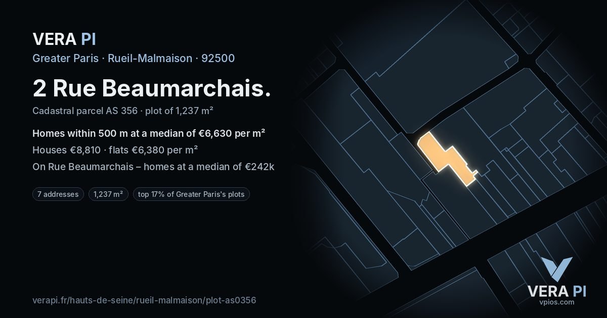 2 Rue Beaumarchais, Rueil-Malmaison at night – the plot lit, the parcels around coloured by the prices near them