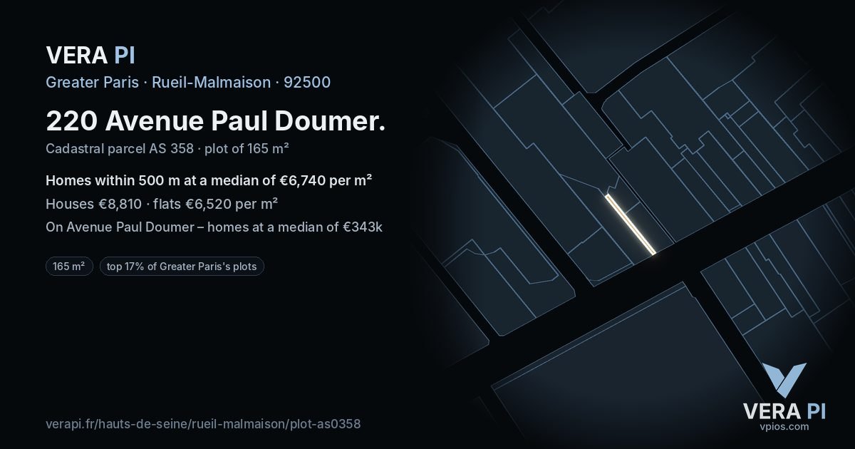 220 Avenue Paul Doumer, Rueil-Malmaison at night – the plot lit, the parcels around coloured by the prices near them