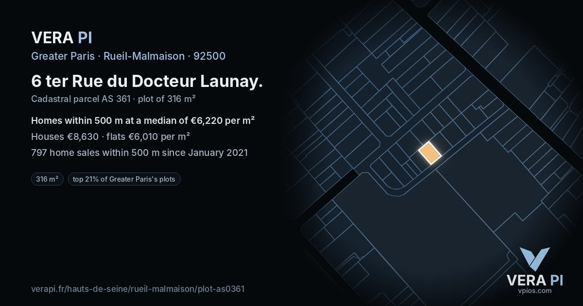 6 ter Rue du Docteur Launay, Rueil-Malmaison at night – the plot lit, the parcels around coloured by the prices near them