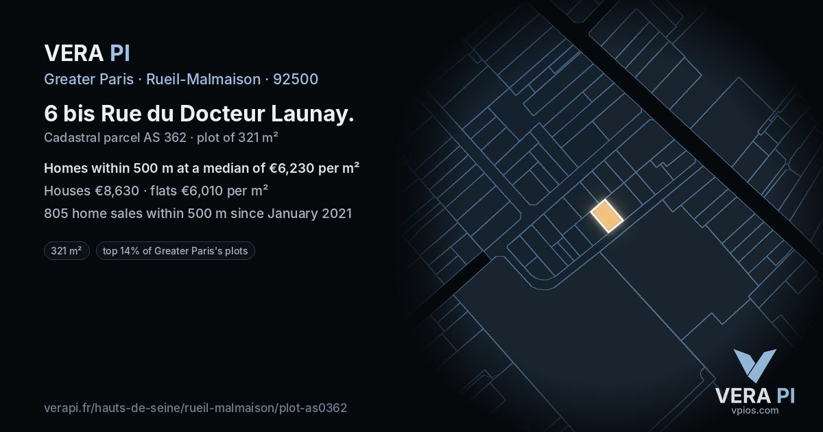 6 bis Rue du Docteur Launay, Rueil-Malmaison at night – the plot lit, the parcels around coloured by the prices near them