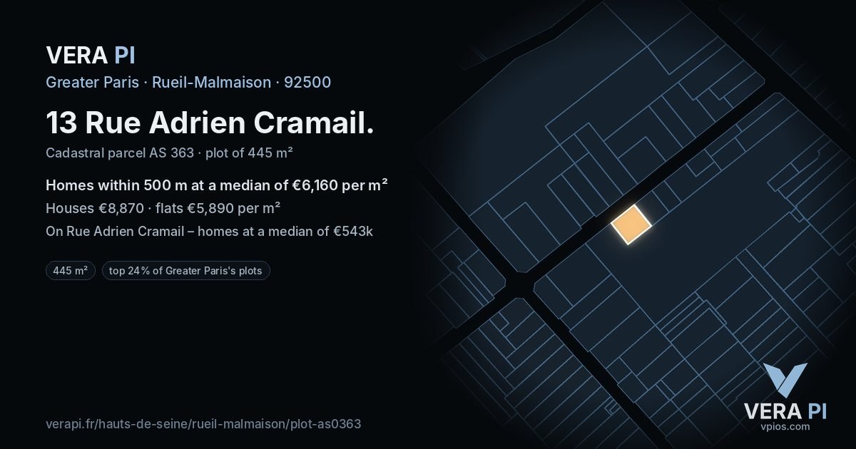 13 Rue Adrien Cramail, Rueil-Malmaison at night – the plot lit, the parcels around coloured by the prices near them