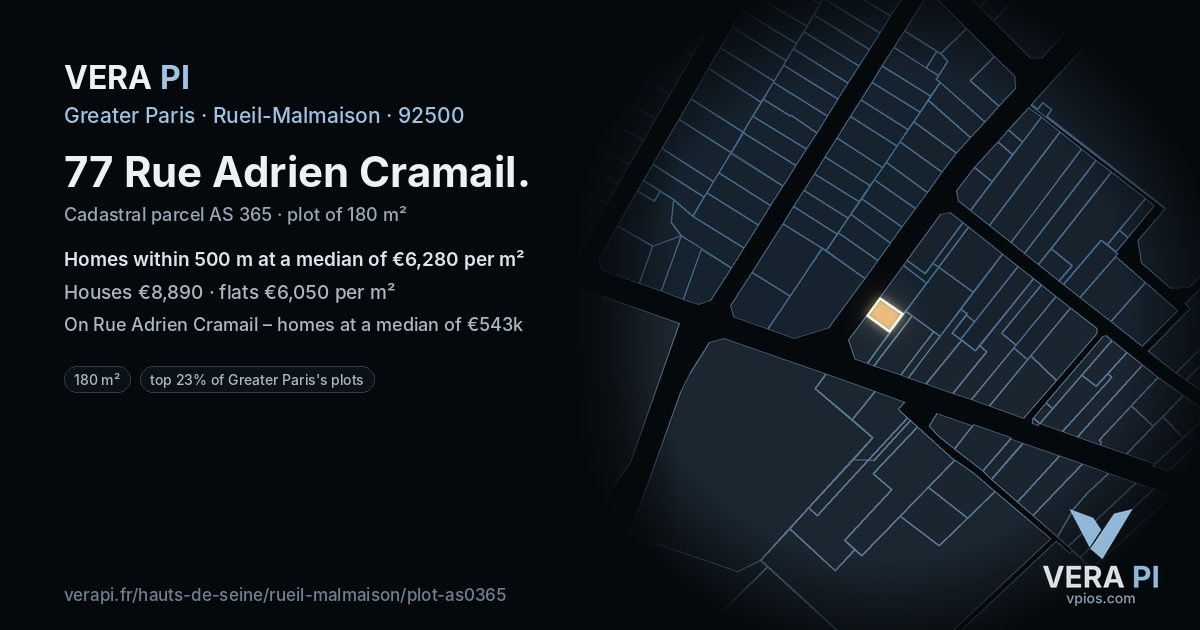 77 Rue Adrien Cramail, Rueil-Malmaison at night – the plot lit, the parcels around coloured by the prices near them