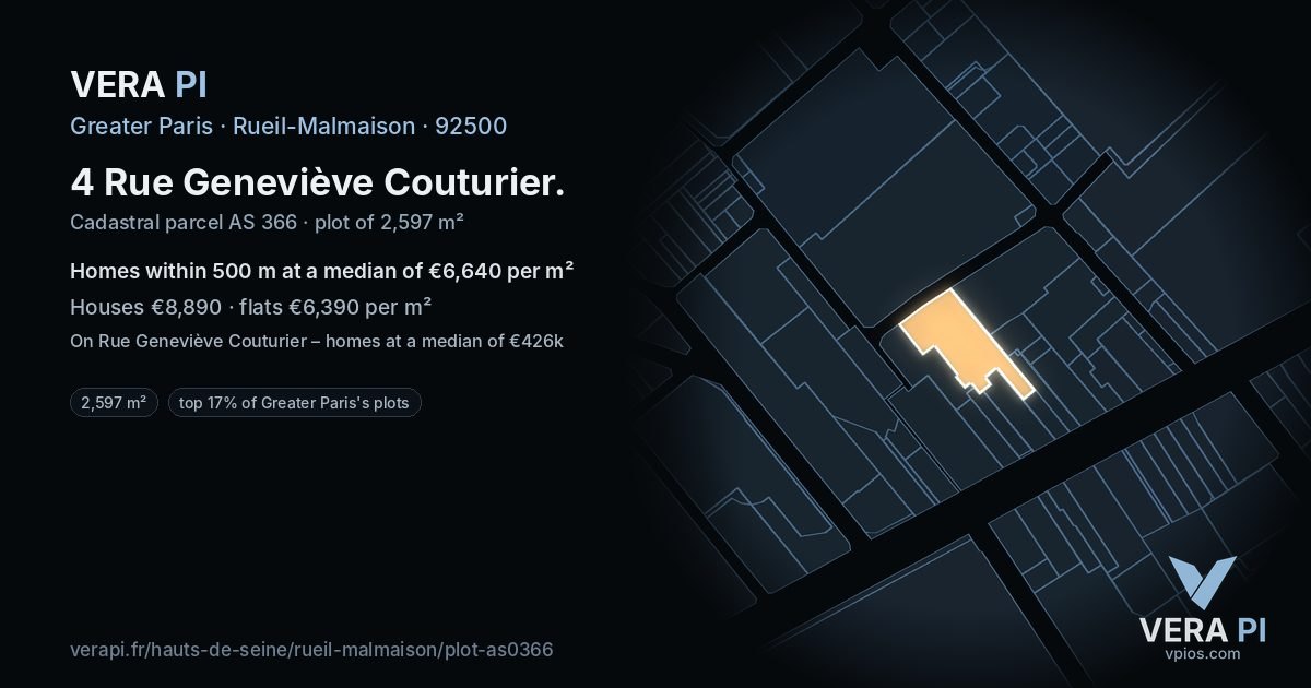 4 Rue Geneviève Couturier, Rueil-Malmaison at night – the plot lit, the parcels around coloured by the prices near them