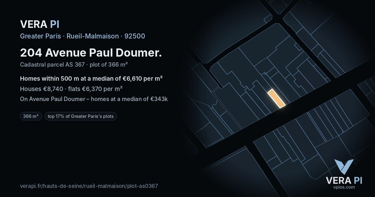 204 Avenue Paul Doumer, Rueil-Malmaison at night – the plot lit, the parcels around coloured by the prices near them