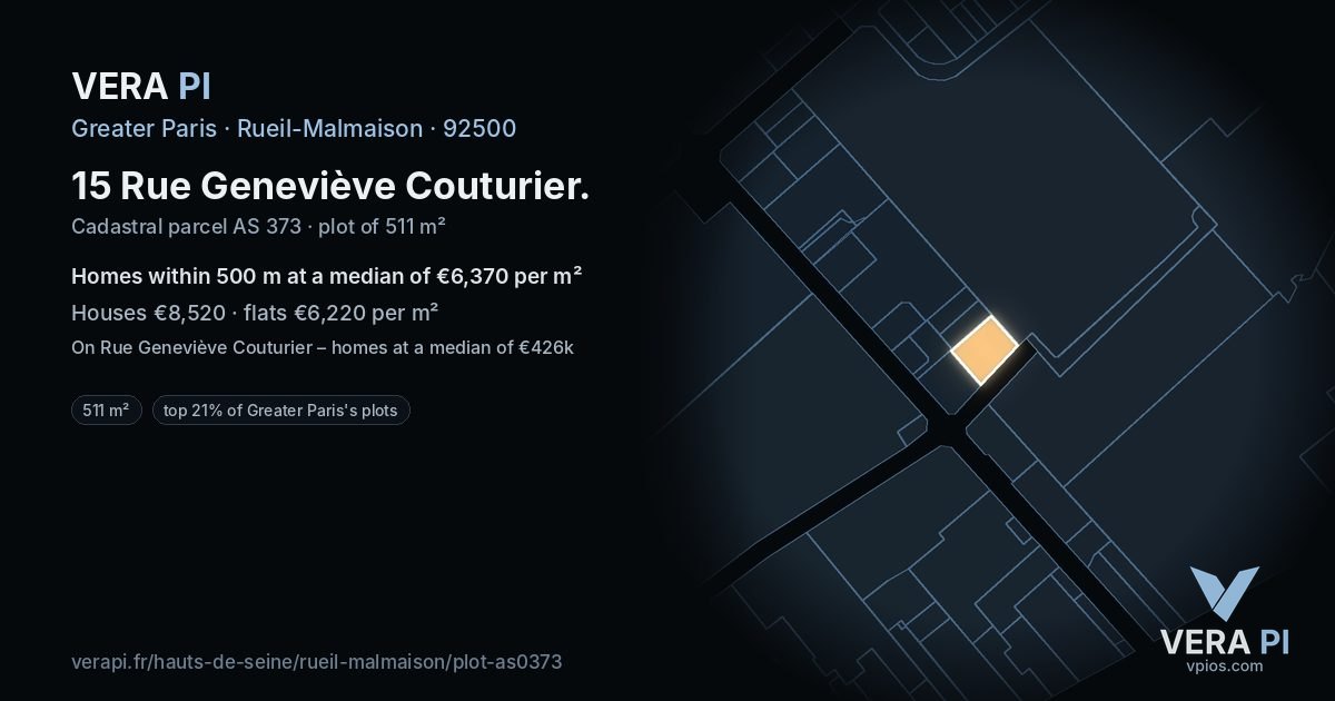 15 Rue Geneviève Couturier, Rueil-Malmaison at night – the plot lit, the parcels around coloured by the prices near them