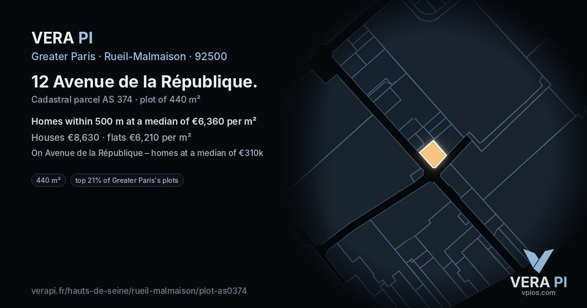 12 Avenue de la République, Rueil-Malmaison at night – the plot lit, the parcels around coloured by the prices near them