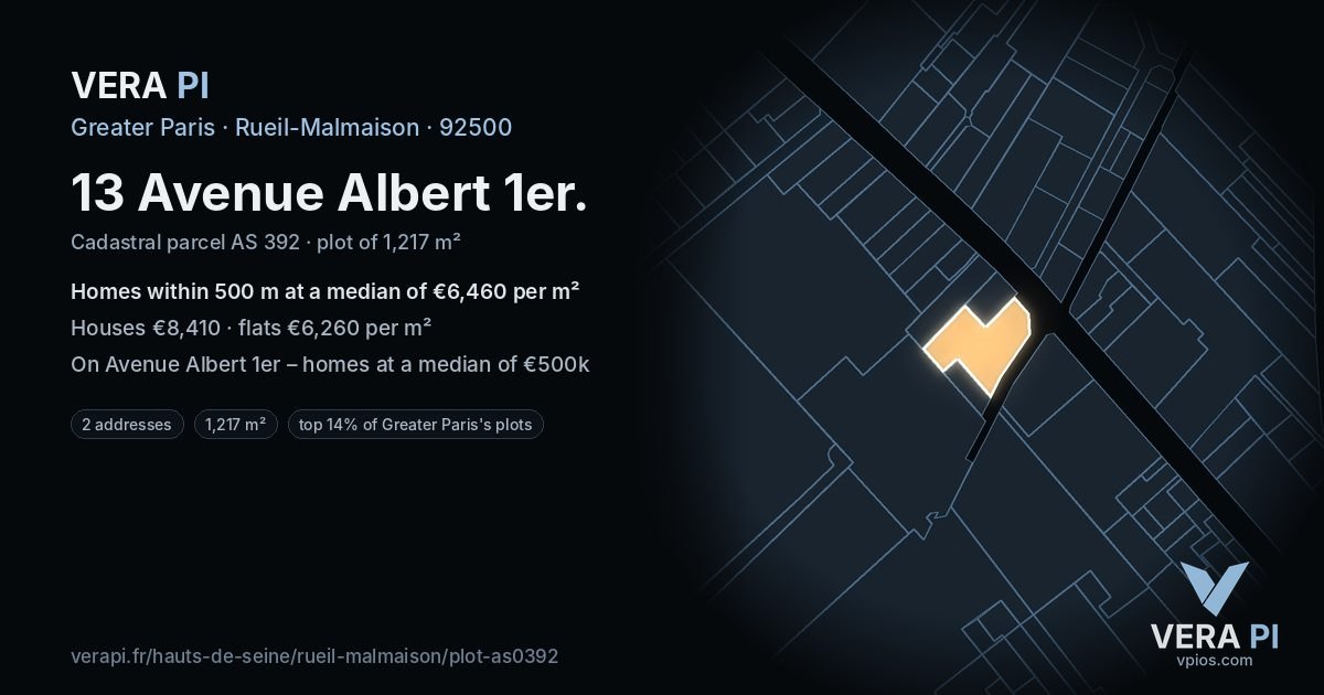 13 Avenue Albert 1er, Rueil-Malmaison at night – the plot lit, the parcels around coloured by the prices near them