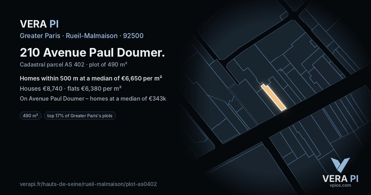 210 Avenue Paul Doumer, Rueil-Malmaison at night – the plot lit, the parcels around coloured by the prices near them