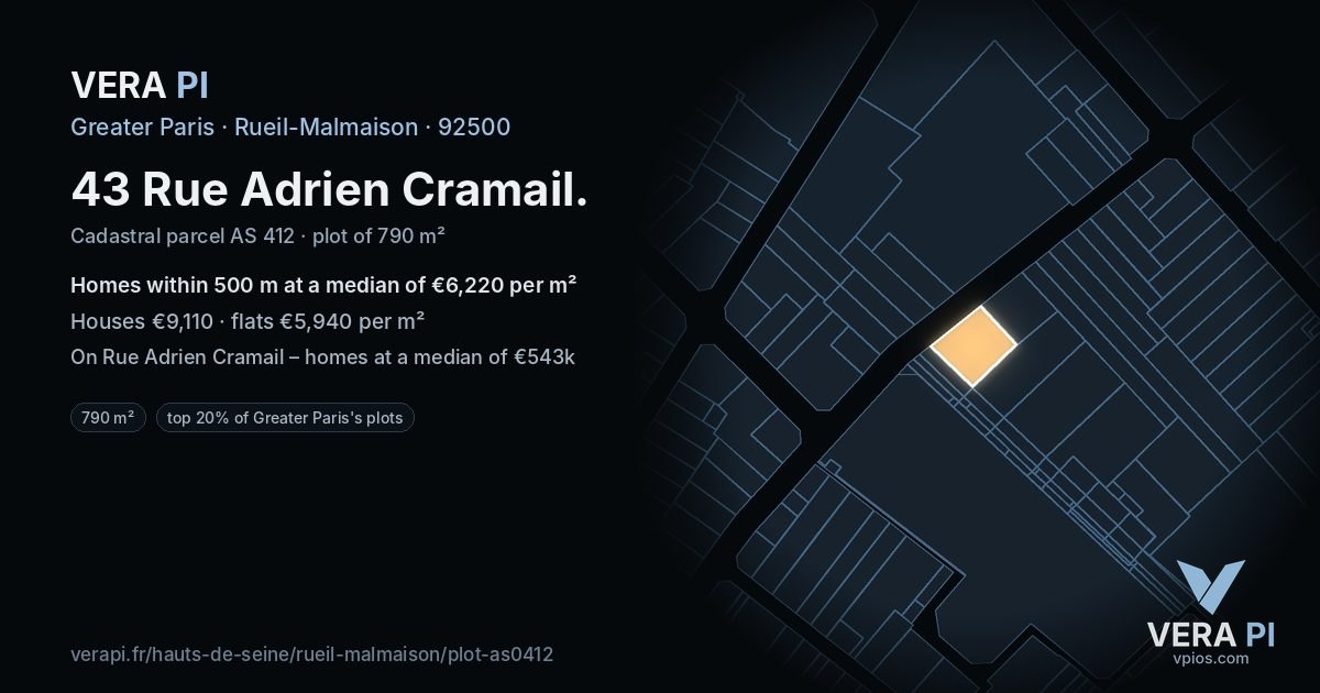 43 Rue Adrien Cramail, Rueil-Malmaison at night – the plot lit, the parcels around coloured by the prices near them