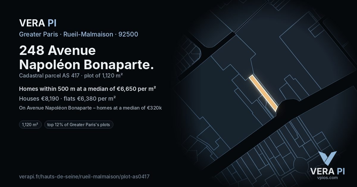 248 Avenue Napoléon Bonaparte, Rueil-Malmaison at night – the plot lit, the parcels around coloured by the prices near them