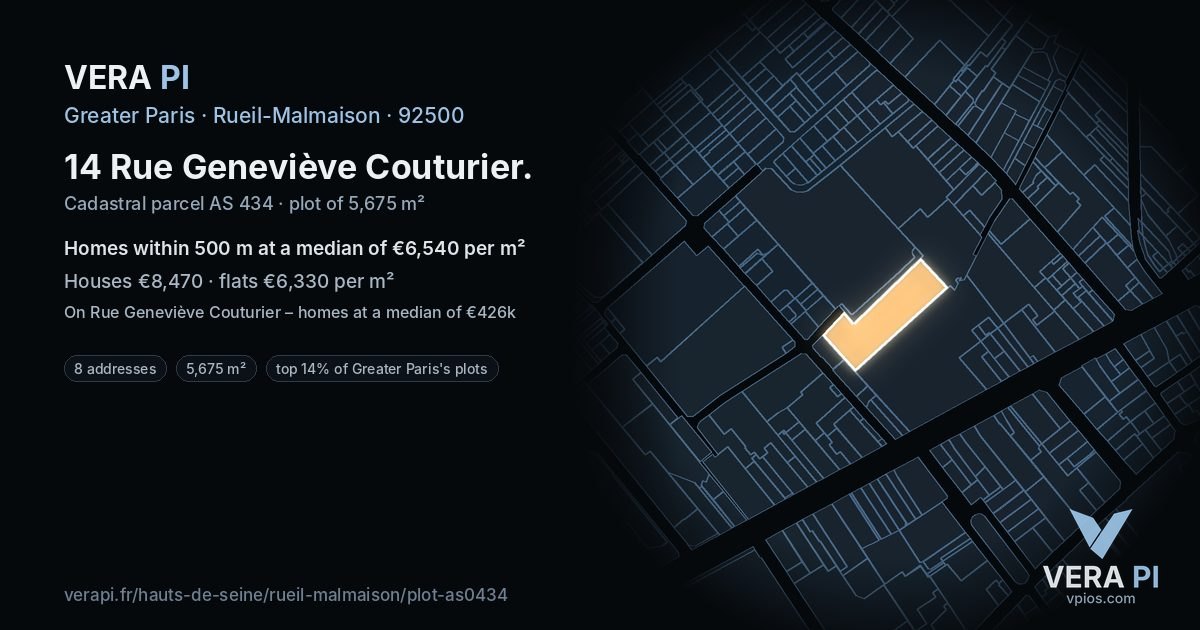 14 Rue Geneviève Couturier, Rueil-Malmaison at night – the plot lit, the parcels around coloured by the prices near them
