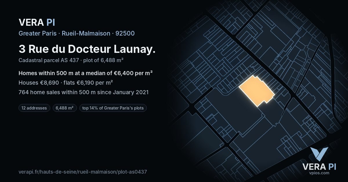 3 Rue du Docteur Launay, Rueil-Malmaison at night – the plot lit, the parcels around coloured by the prices near them